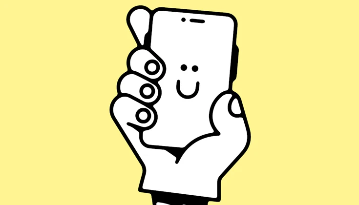illustration över stor hand som håller i en mobil.