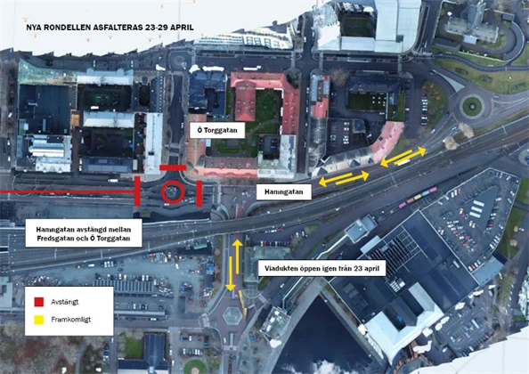 Karta som visar omledning av trafik vid Hamngatan 23-29 april