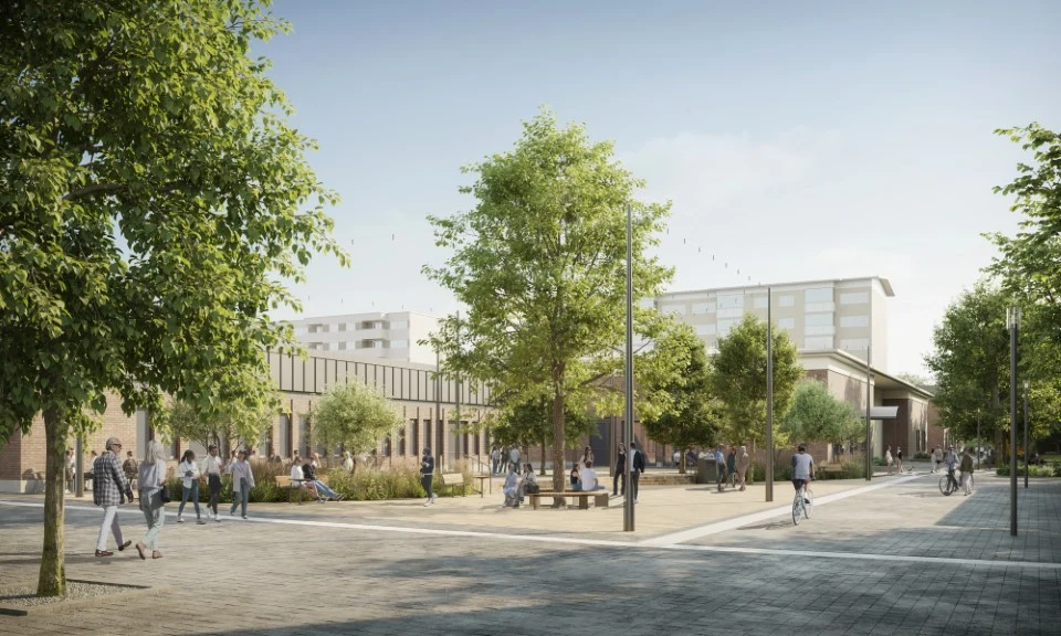 Illustration av torget i Kronoparkens centrum efter ombyggnad