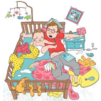 Illustration som visar en pappa som nattar sitt barn.