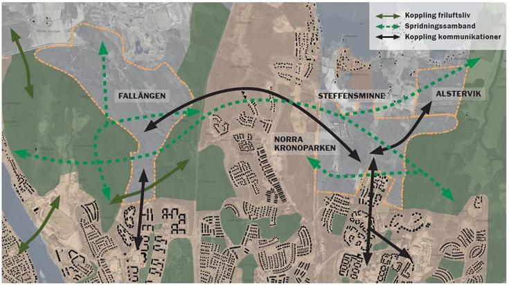 Karta över Norra Kronoparken, Steffwens minne och Fallängen. 