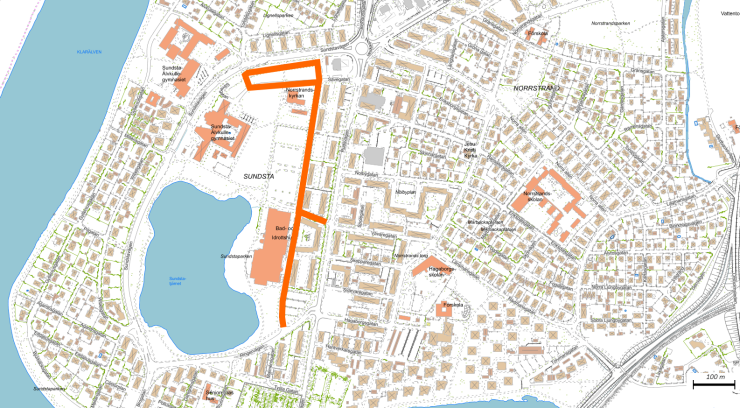 Bilden visar var trafik är förbjuden nattetid på Sundsta.