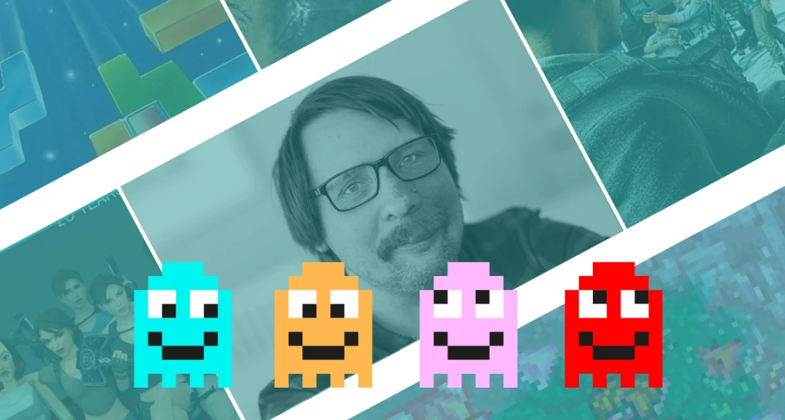 Rutor med bilder på olika digitala spel. Rutan i mitten visar porträttbild på speljournalisten Joakim Kilman. I förgrunden syns fyra detaspels-figurer i form av spöken i retro spelstil