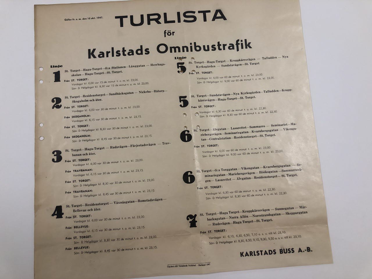 Turlista för Karlstads omnibustrafik, med 7 olika linjers tidtabeller, 1947