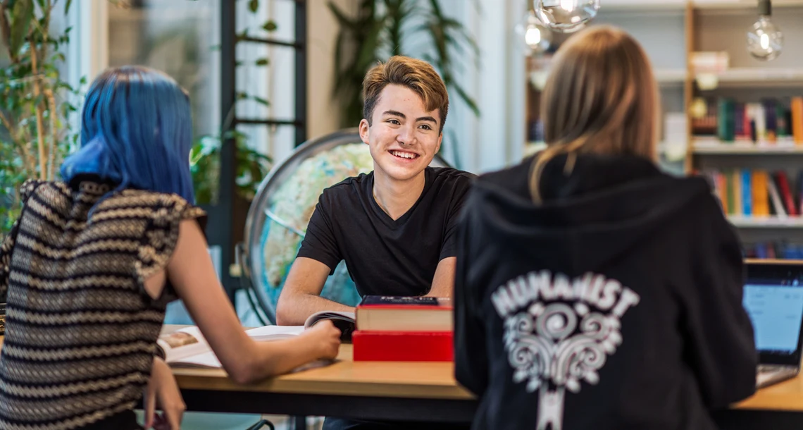 Elever pluggar tillsammans i skolbiblioteket