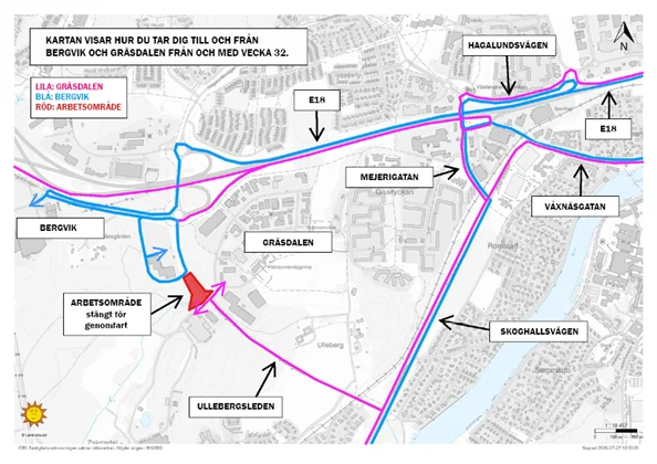 Karta som visar hur trafiken leds om under arbetet på Ullebergsleden.