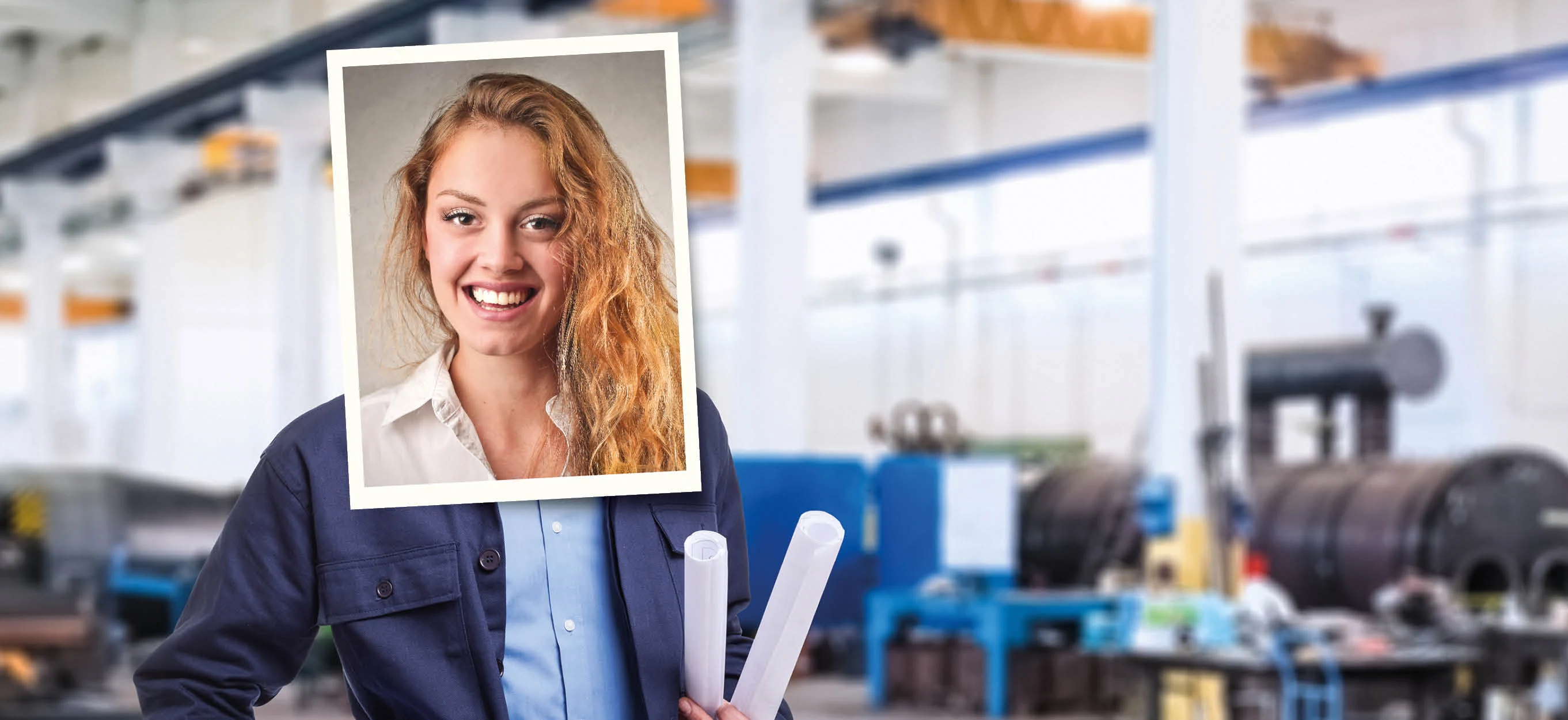 Porträtt av blond kvinna med en verkstad i bakgrunden 