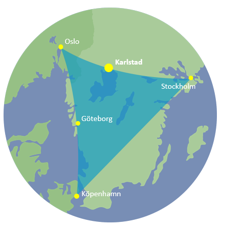 Karta som visar Karlstads strategisa placering mellan Oslo, Stockholm och Köpenhamn