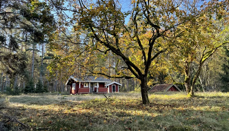 Liten röd stuga men vita knutar.