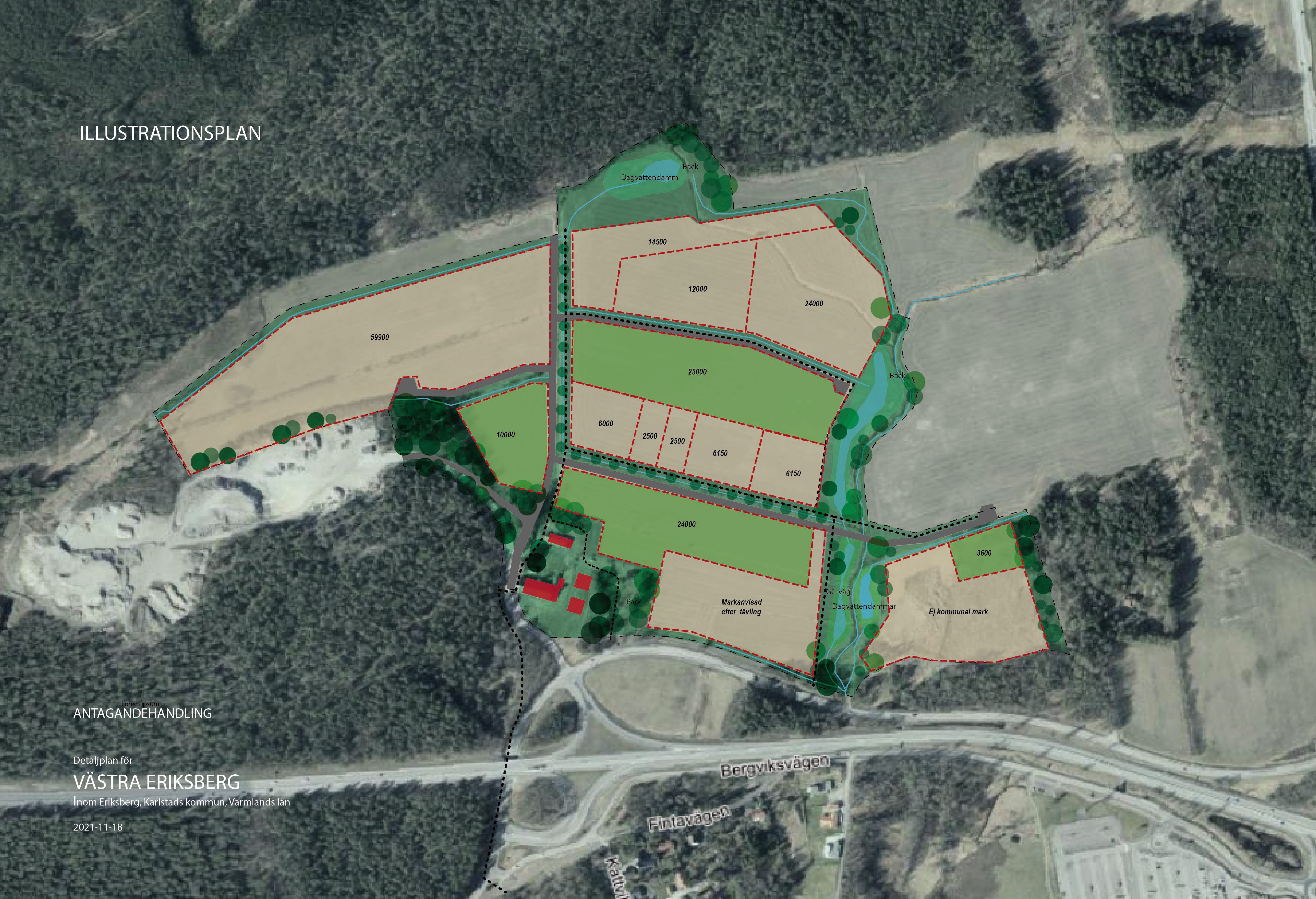Karta över de områden som Västra Eriksberg är indelad i.