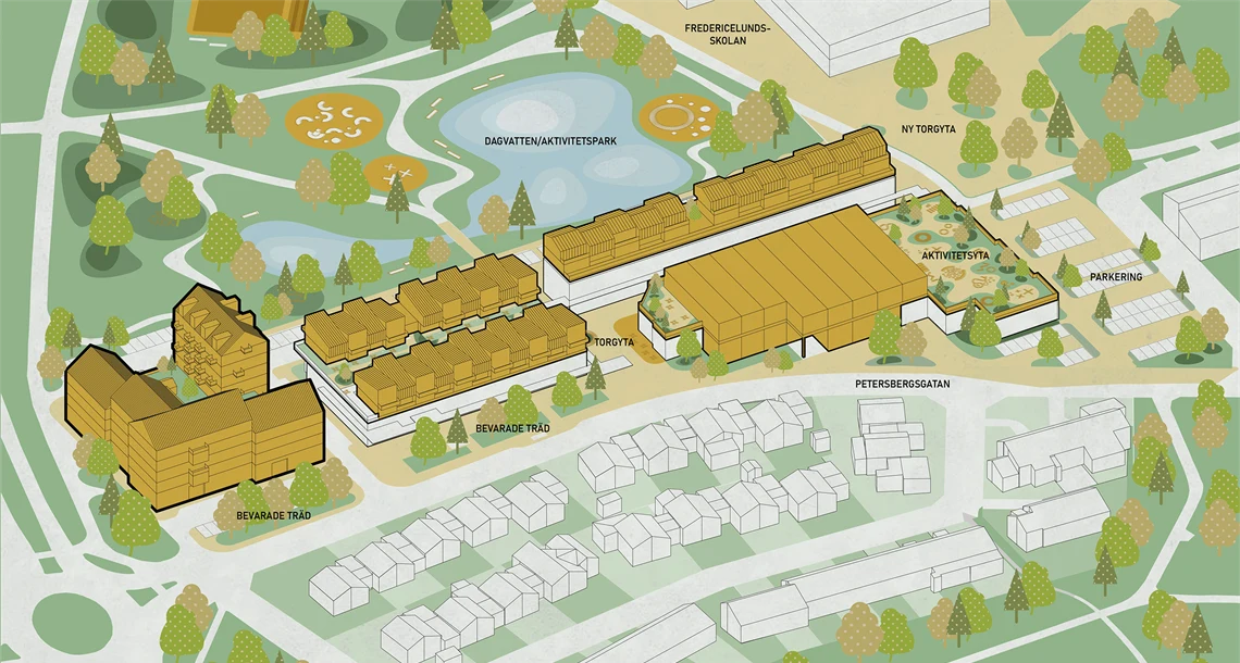 Illustrationsplan som visar möjlig utformning av bebyggelse enligt detaljplanen. 