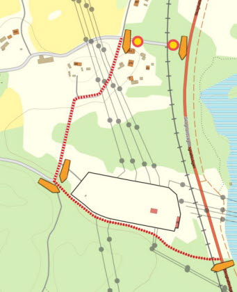Karta där omledniningsväg under byggtid av ny plankorsing vid Dingelsundet visas.
