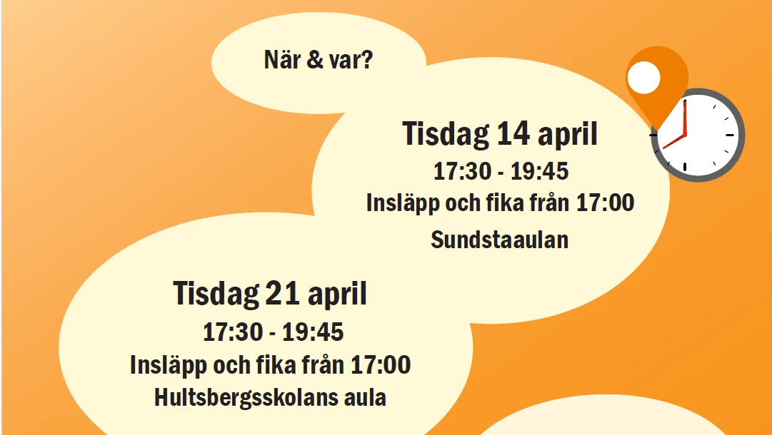 Text: Tisdag 14 april 17:30 - 19:45, tisdag 21 april 17:30 - 19:45