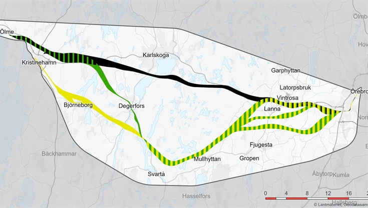 En kartbild som visar en sträckning av en möjlig ny järnväg mellan Ölme och Örebro.