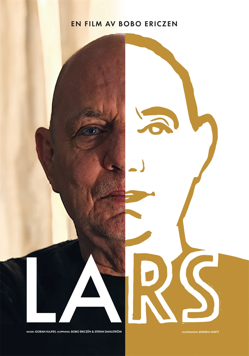 En bild på Lars Norén, ena sidan animerad den andra fotograferad. 