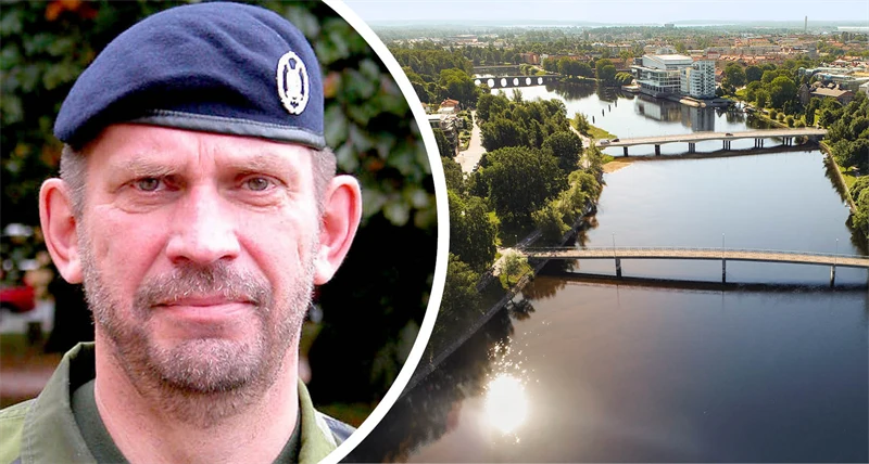 Delad bild med en man till vänster i bilden och en flygbild över Karlstad till höger.