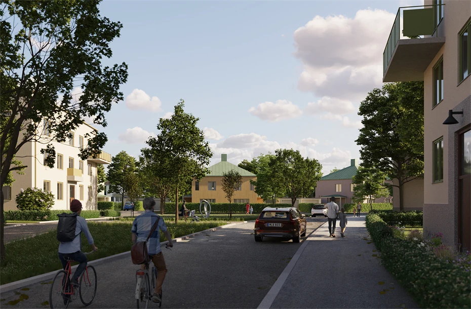 illustration föreställande en gata med cyklister och hus vid sidan av gatan.