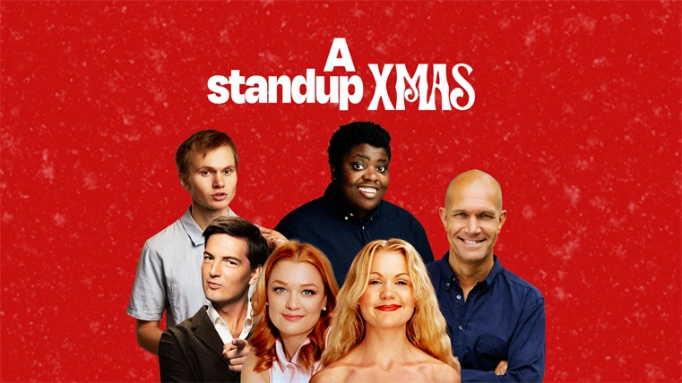 Tre män och tre kvinnor mot en röd bakgrund