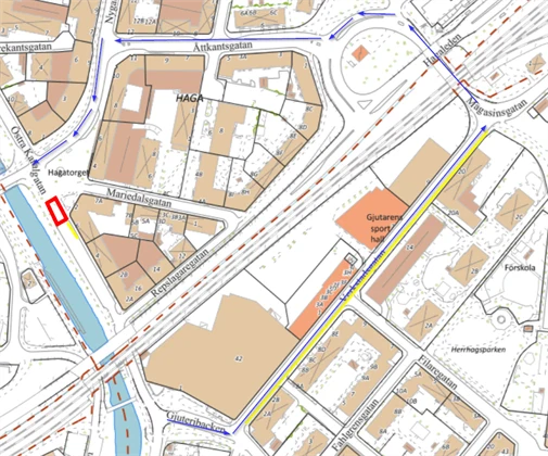 Karta över alternativa vägar och avstängt område Östra Kanalgatan