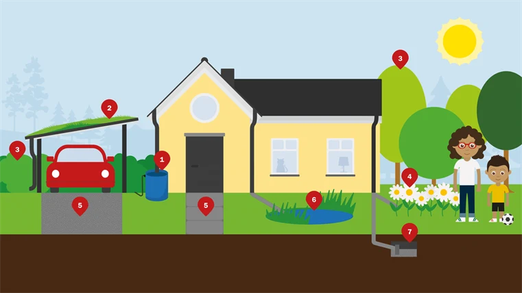 Tecknad villa där möjliga sätt att ta hand om dagvatten är markerade med röda prickar. 