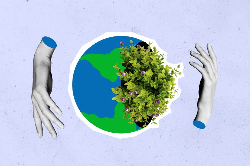Illustration av två händer som omfamnar ett jordklot. Halva jordklotet är täckt av blommor som växer ur klotet.