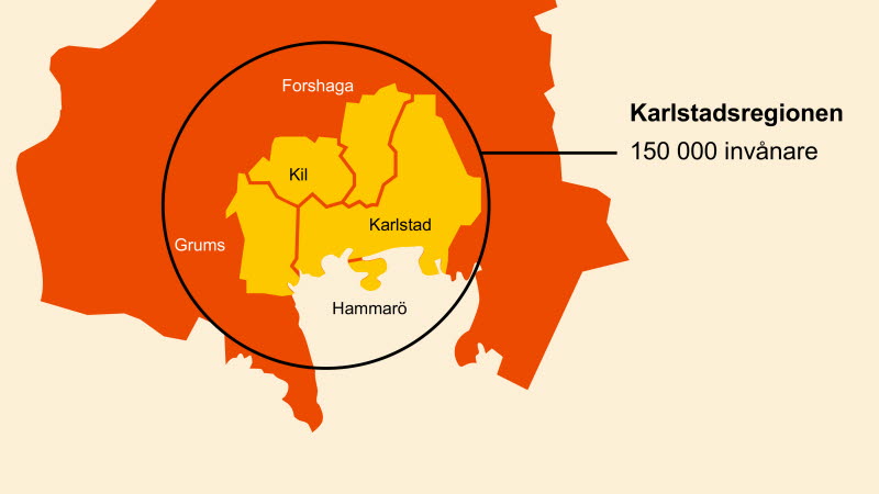Kartbilden över Karlstadsregionen med 150 000 invånare.