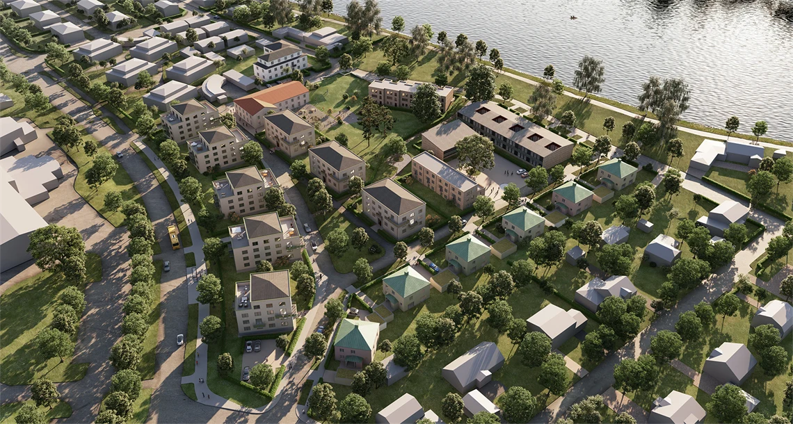 Illustration över Karlstad med bilder av bland annat människor, stenbron och domkyrkan.