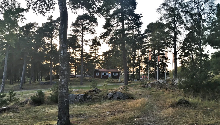 en liten röd stuga omgiven av natur