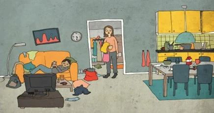 Illustration som föreställer ett vardagsrum där en tonåring ligger i soffan och en mamma står i dörröppningen