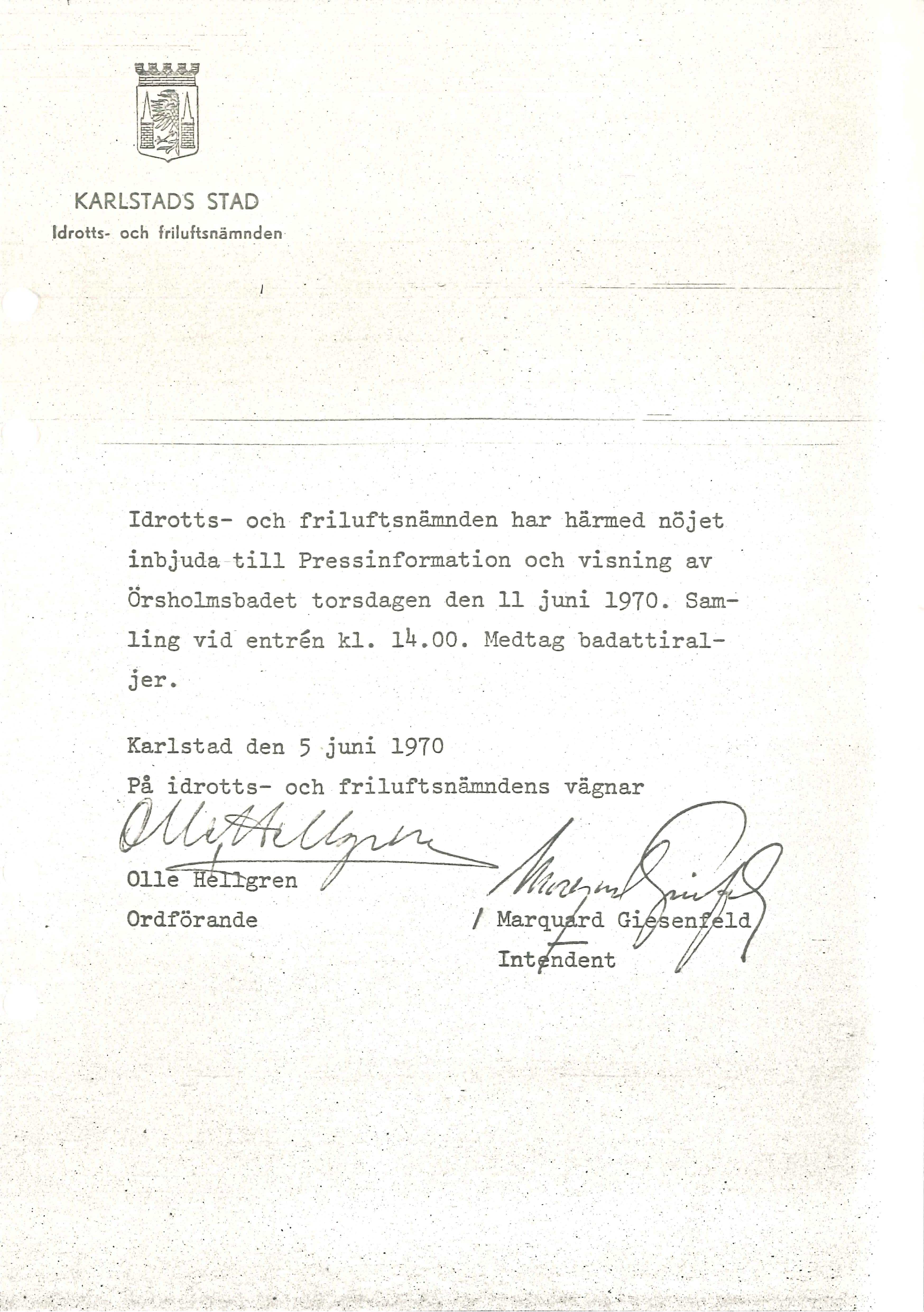 Inbjudan till pressen i juni 1970 till ett nybyggt Örsholmsbadet