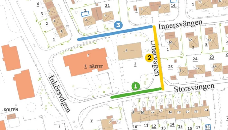 Karta med markeringar för var ledningsarbetena ska ske. Grönst streck på Storsvängen, gult sträck på Uttervägen och blått streck på Innersvängen.