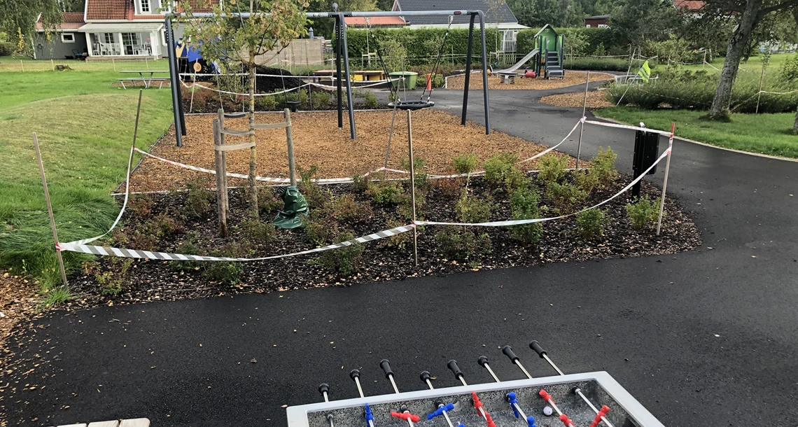 I Lundagatans lekplats finns bland annat klätterställning, gungor, ett lekhus och en vippgunga.