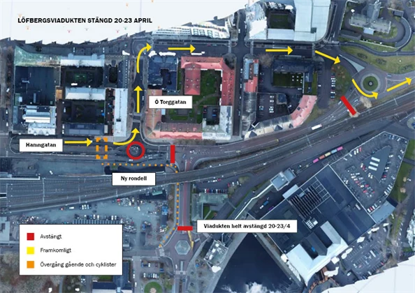 Kartan visar omledningen som gäller från morgonen 20 april till och med morgonen 23 april.