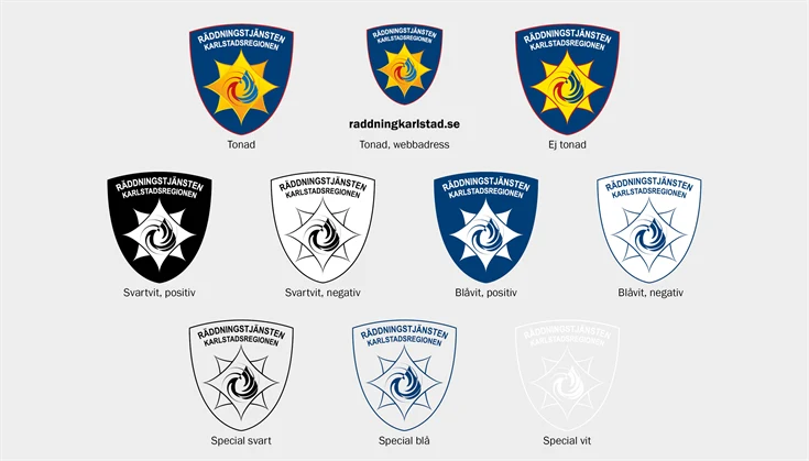 Räddningstjänstens logotyp i olika varianter.