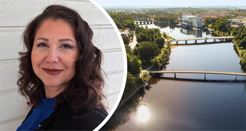 Delad bild med en kvinna till vänster i bilden och en flygbild över Karlstad till höger.