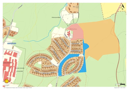 I kartan kan utskiljas de skogsområden markerad med blå, rosa och orange färg där skogliga skötselåtgärder ska genomföras.
