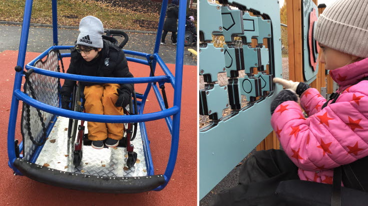 Barn i en rullstolsgunga på en skolgård
