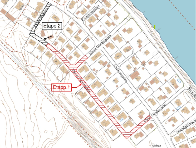Bilden visar var VA-ledningar ska bytas på Västra Gärdesgatan i Älvåker