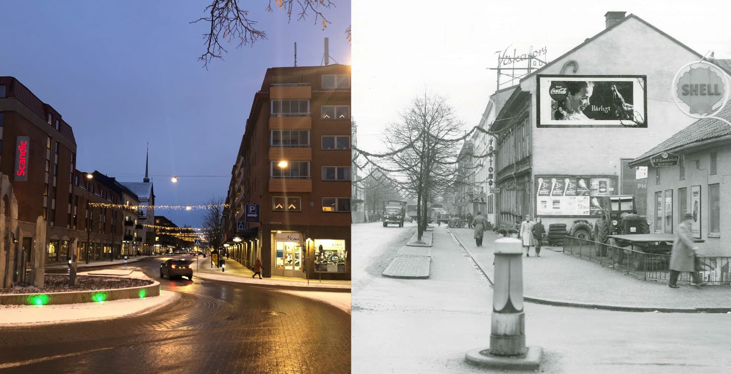 Två vyer över Östra Torggatan vid korsningen Norra Strandgatan 2021 och 1954