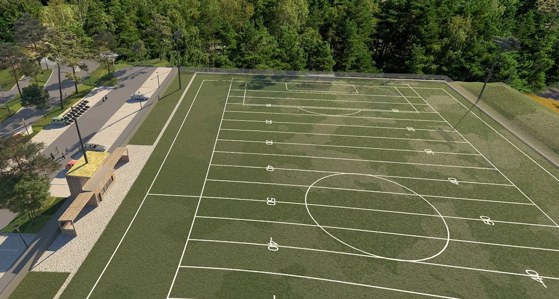 En 3d illustration över en utomhusplan för fotboll