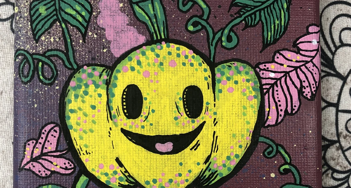 Tavla föreställande en glad pumpa i street art-stil