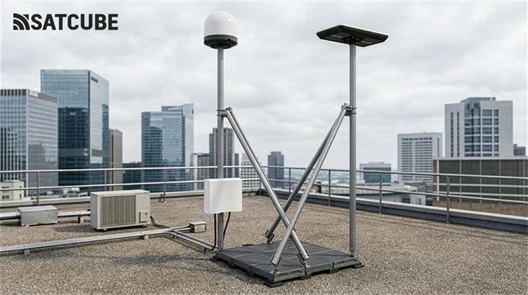 Teknisk utrustning för satellitkommunikation monterad på ett tak i stadsmiljö, med antenn och solpanel på stativ. I bakgrunden syns höga kontorsbyggnader och molnig himmel.