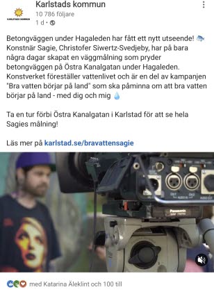 Skärmdump från Karlstads kommuns Linkedin-flöde: Konstnär intervjuas framför videokamera