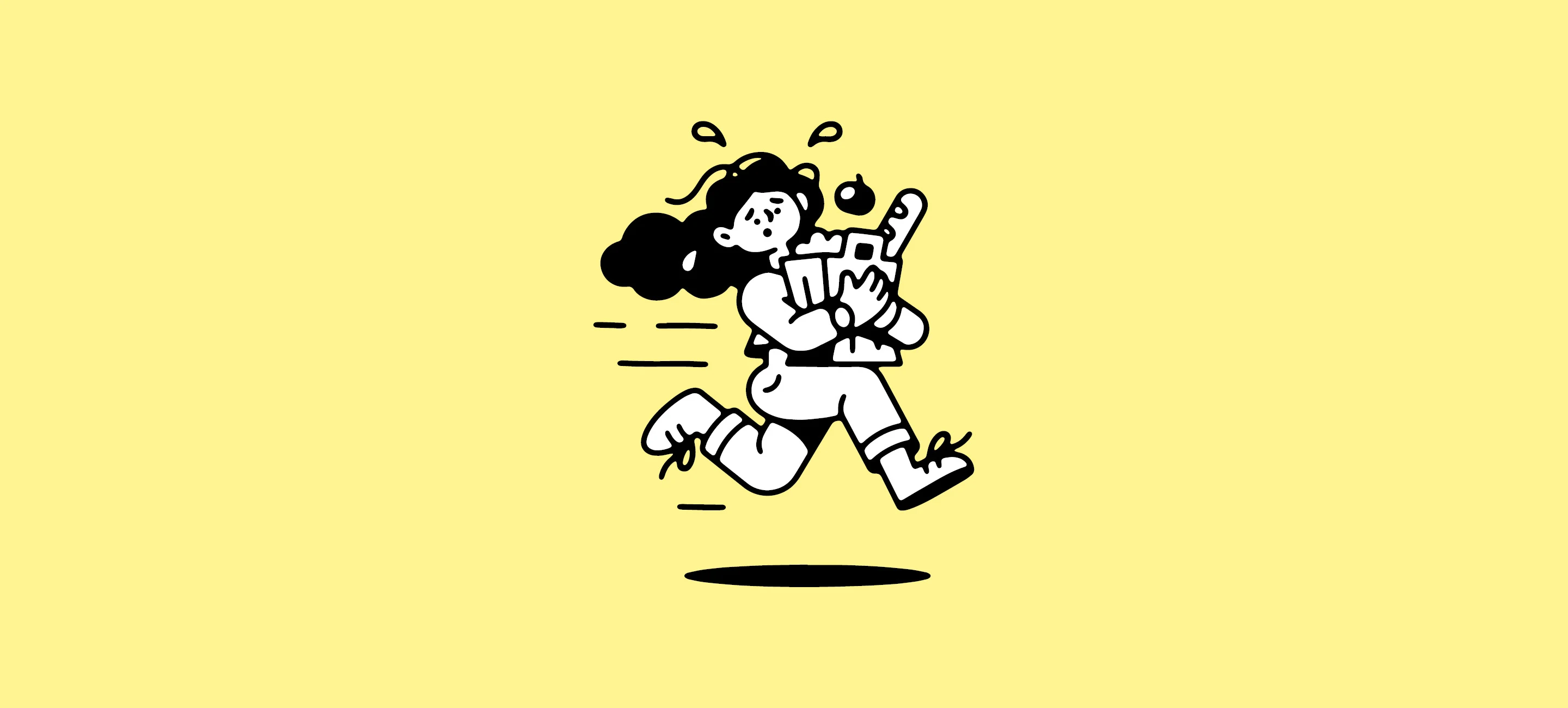 Illustration över stressad person som springer med matkasse