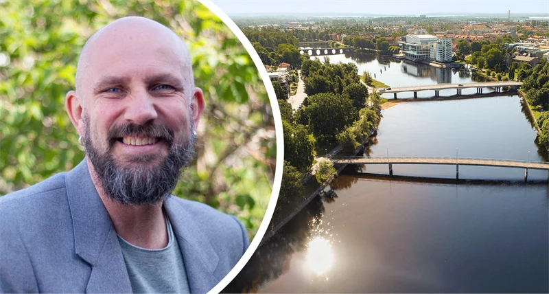 Delad bild med en man till vänster i bilden och en flygbild över Karlstad till höger.