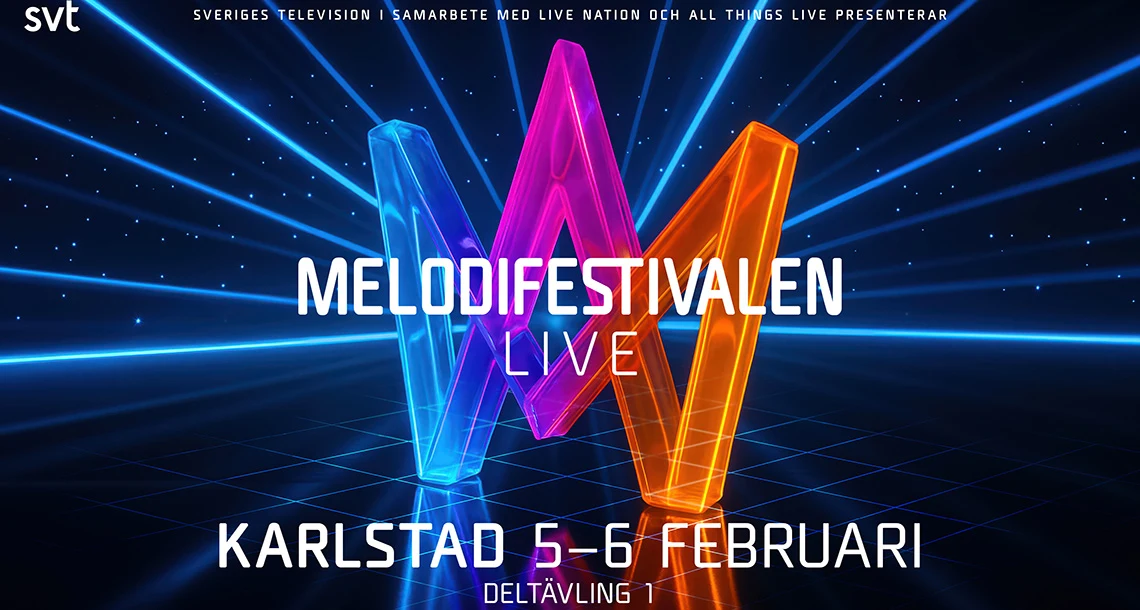Text framför en färgstark logotyp i blått, cerise och orange