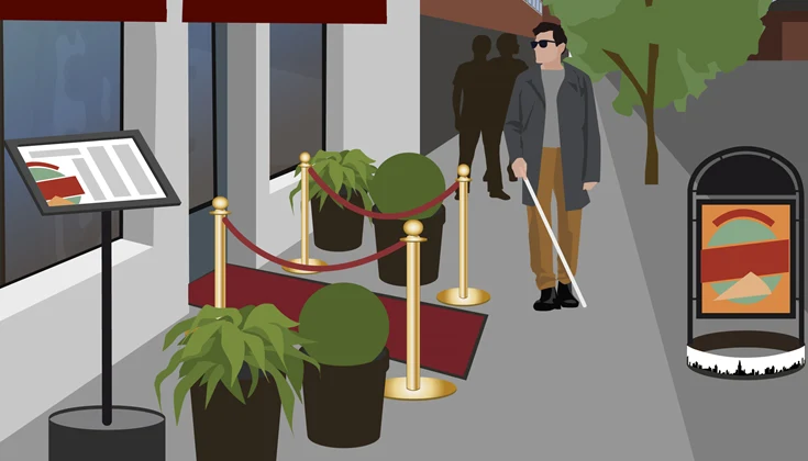 Illustration som visar möblering vid en entré till en restaurang och en man som går förbi med solglasögon och vit käpp.