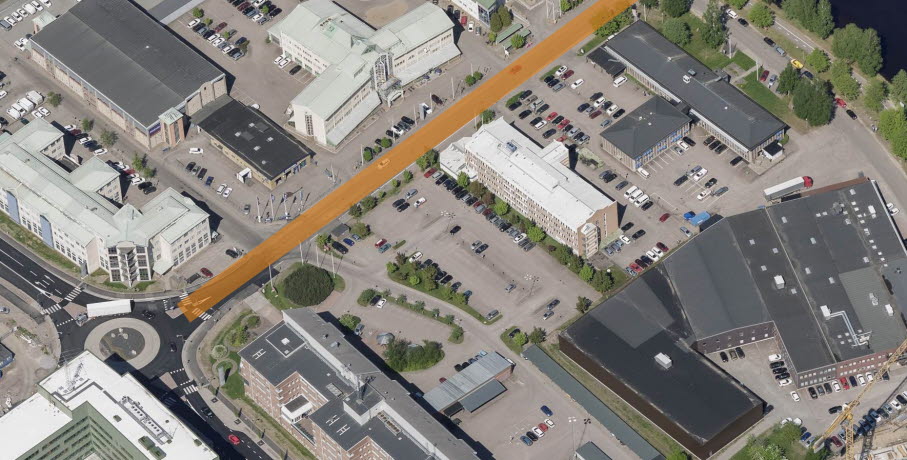 Flygbild över Lagergrens gata med markering där själva gatan är.