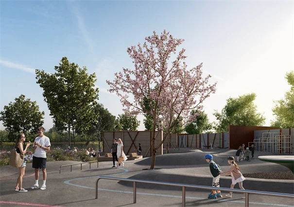 Illustration av en lekpark som barn leker i