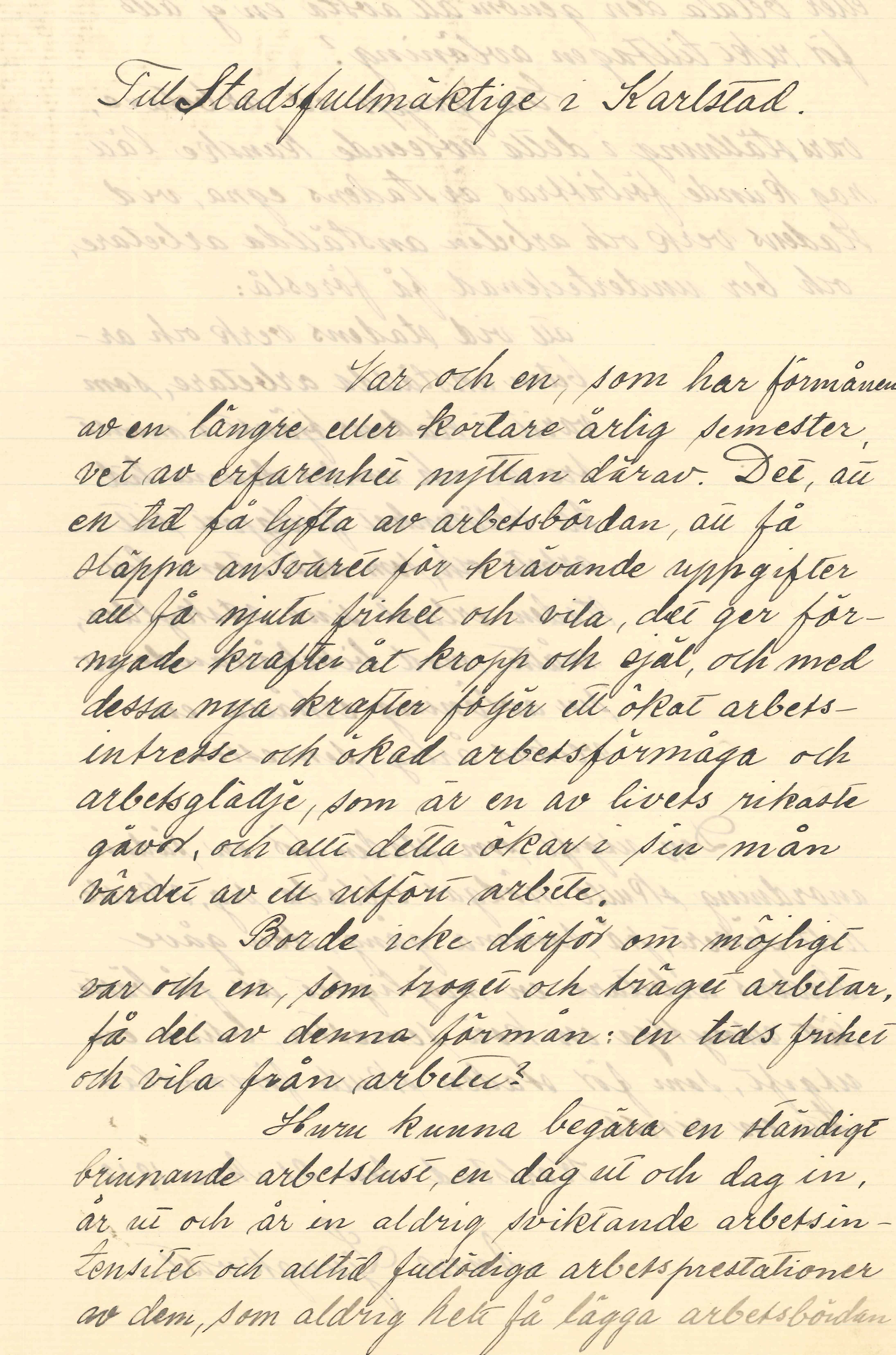 En handskriven motion av Anna Ljungkvist 1912, första kvinnan invald i stadsfullmäktige i Karlstad, om semester sid 1